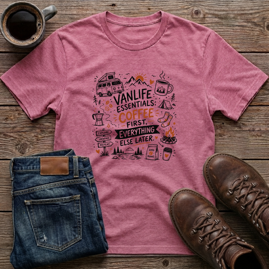 Vanlife Essentials Coffee First Everything Else Later T-Shirt