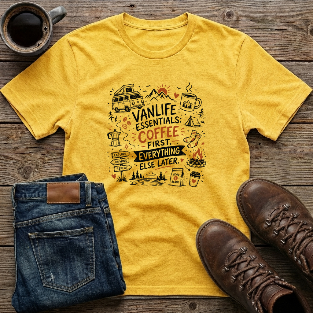 Vanlife Essentials Coffee First Everything Else Later T-Shirt