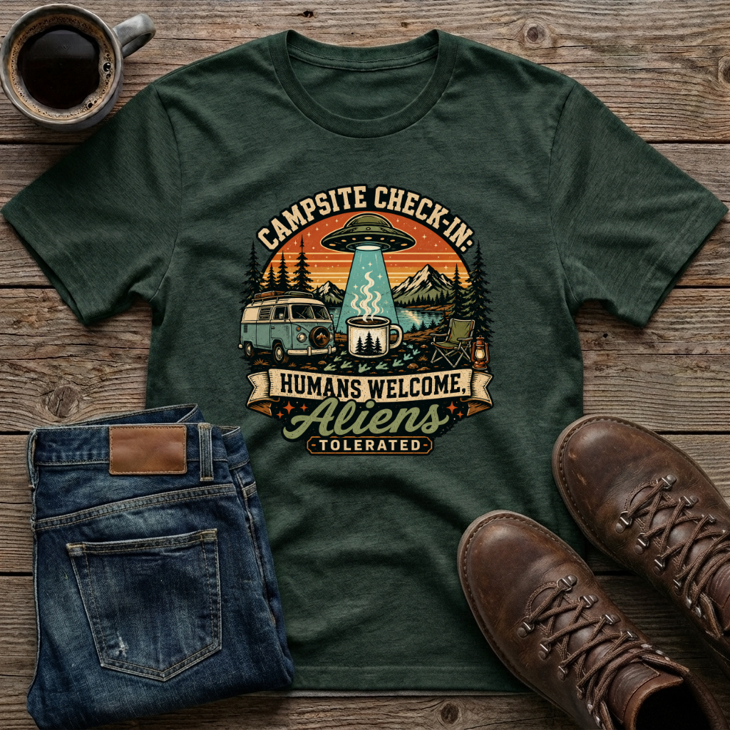 Campsite Check-In Humans Welcome Aliens T-Shirt