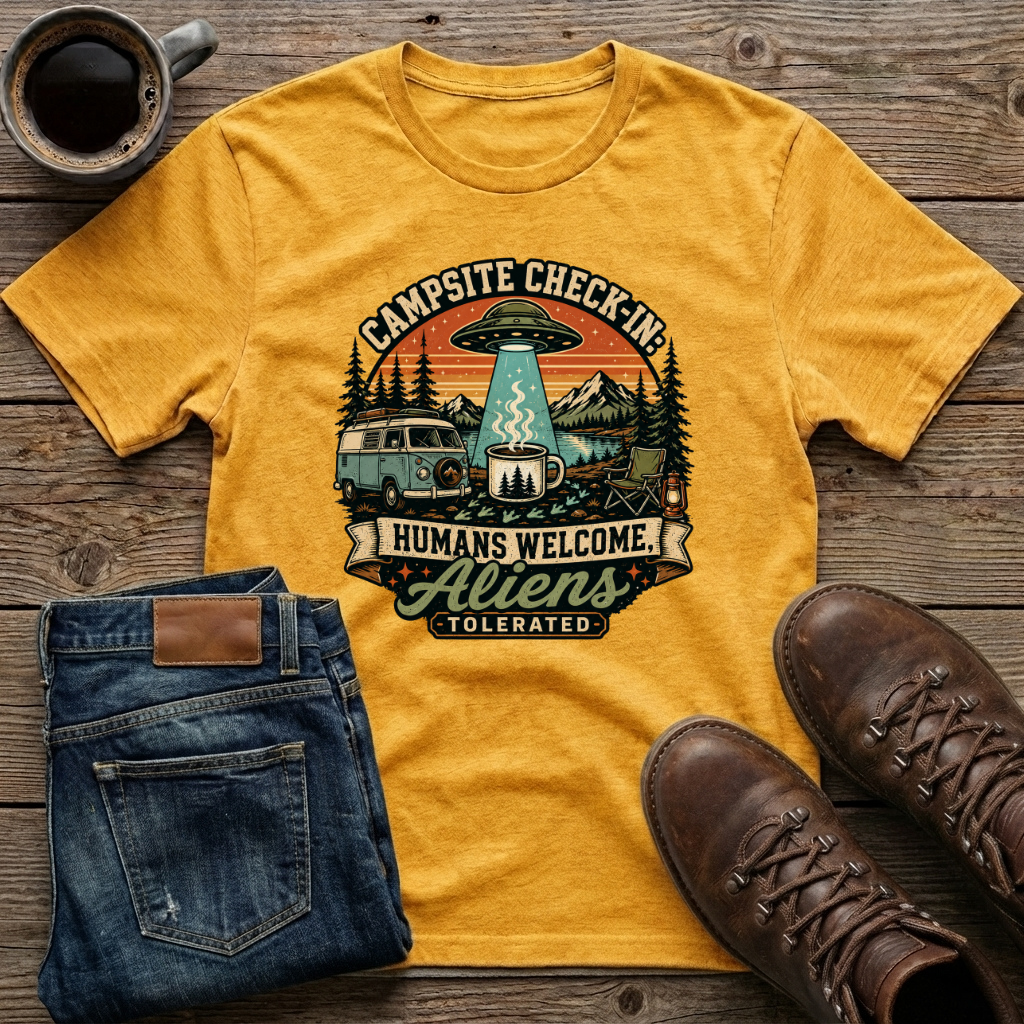 Campsite Check-In Humans Welcome Aliens T-Shirt