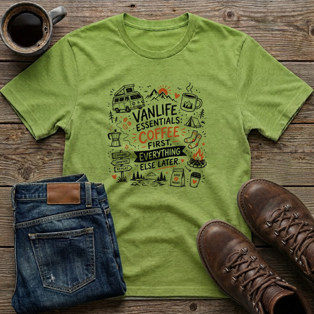 Vanlife Essentials Coffee First Everything Else Later T-Shirt