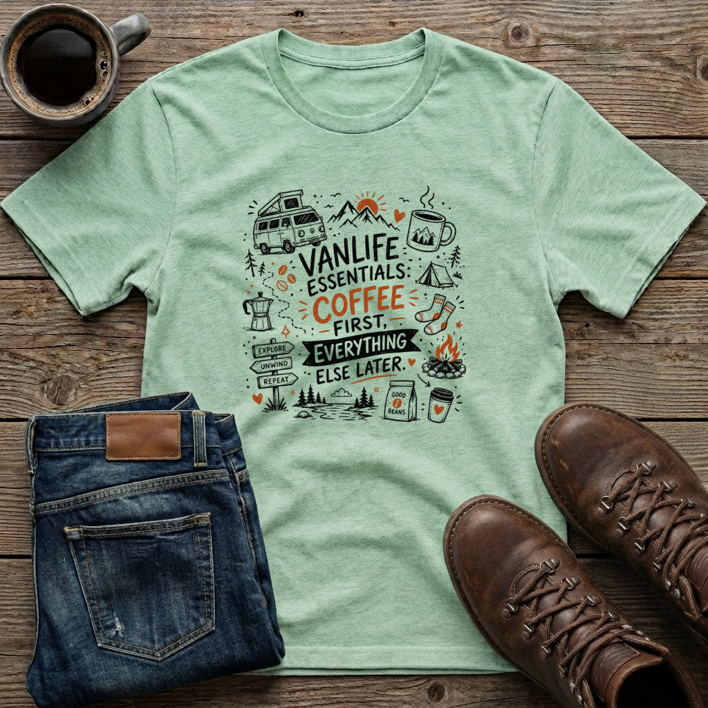 Vanlife Essentials Coffee First Everything Else Later T-Shirt