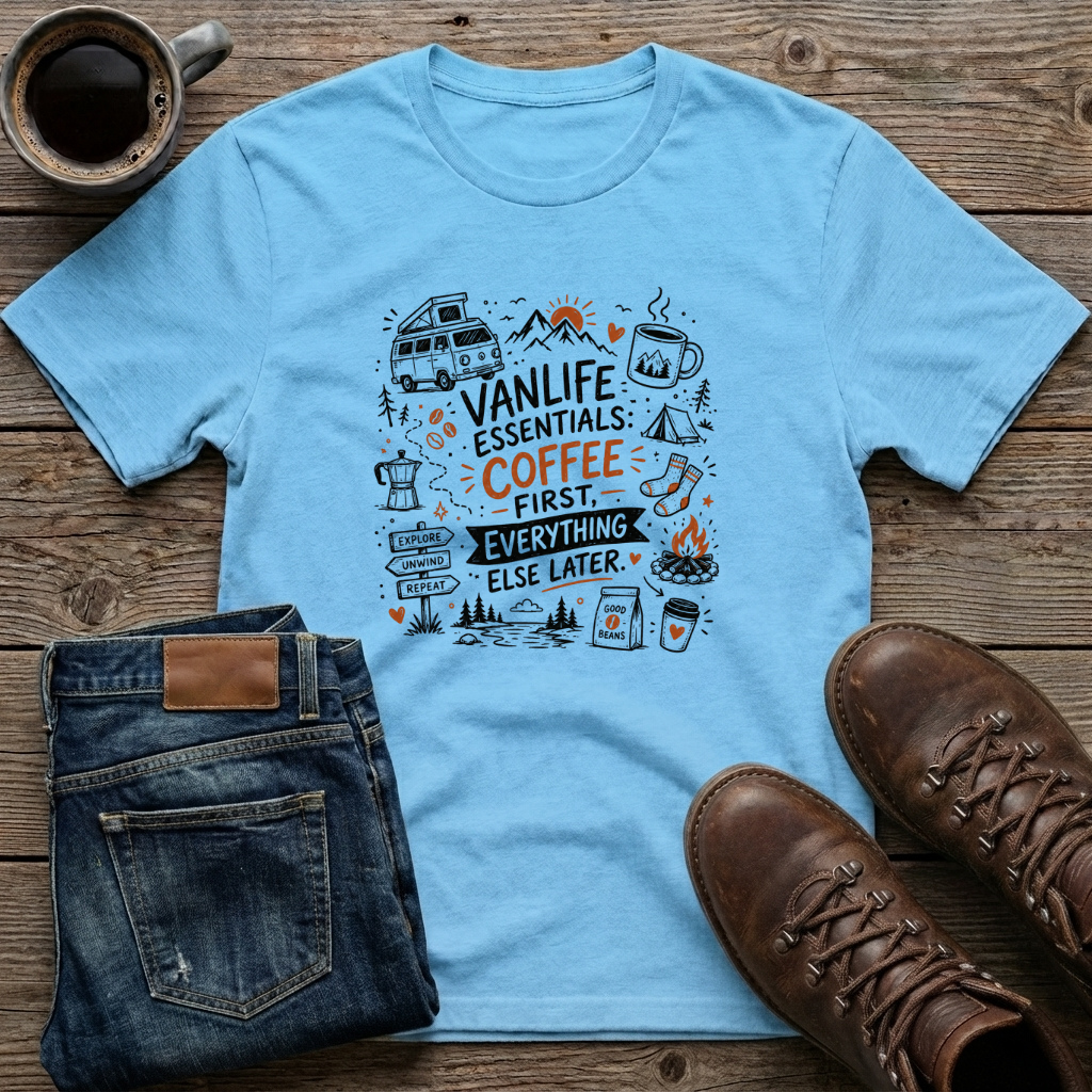 Vanlife Essentials Coffee First Everything Else Later T-Shirt