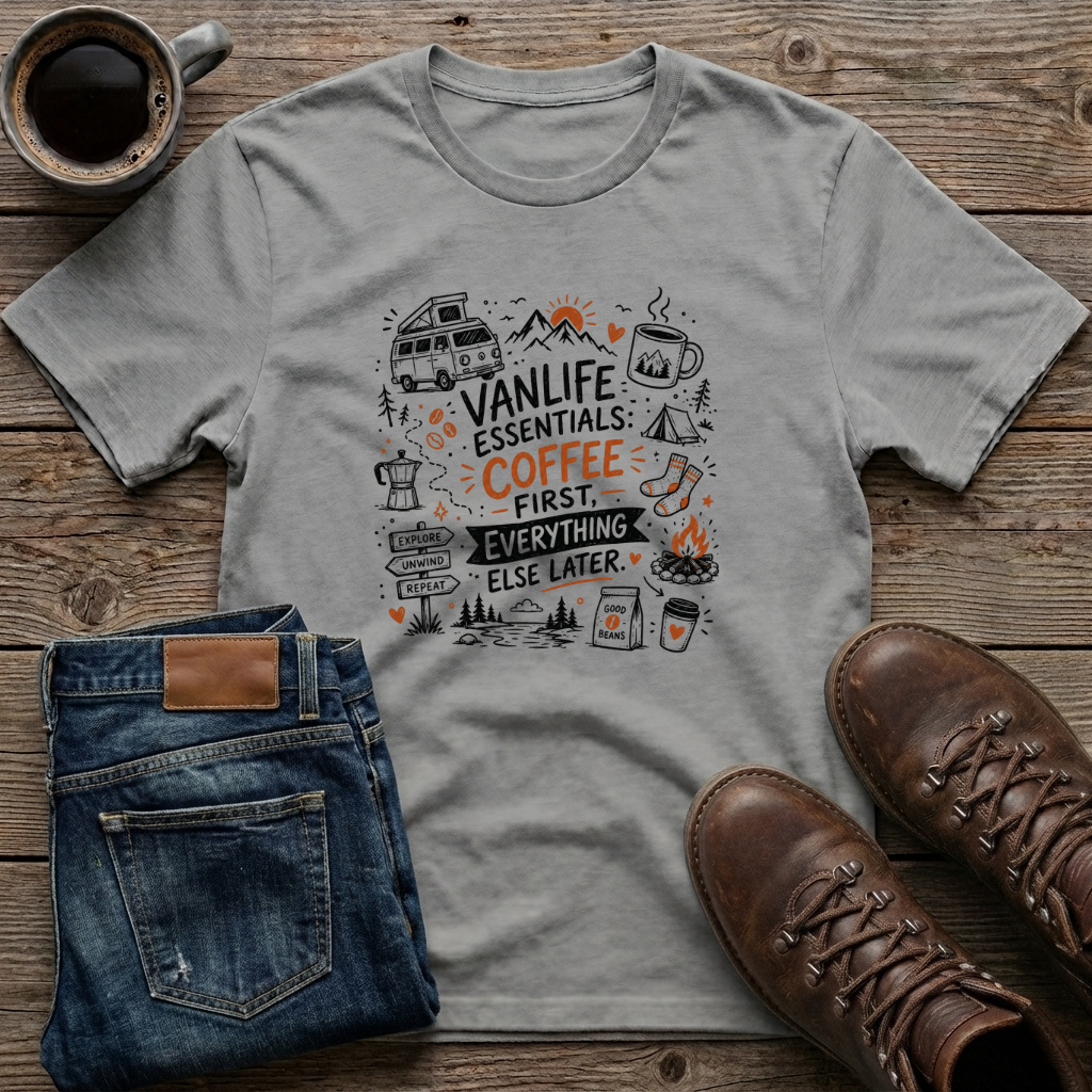 Vanlife Essentials Coffee First Everything Else Later T-Shirt