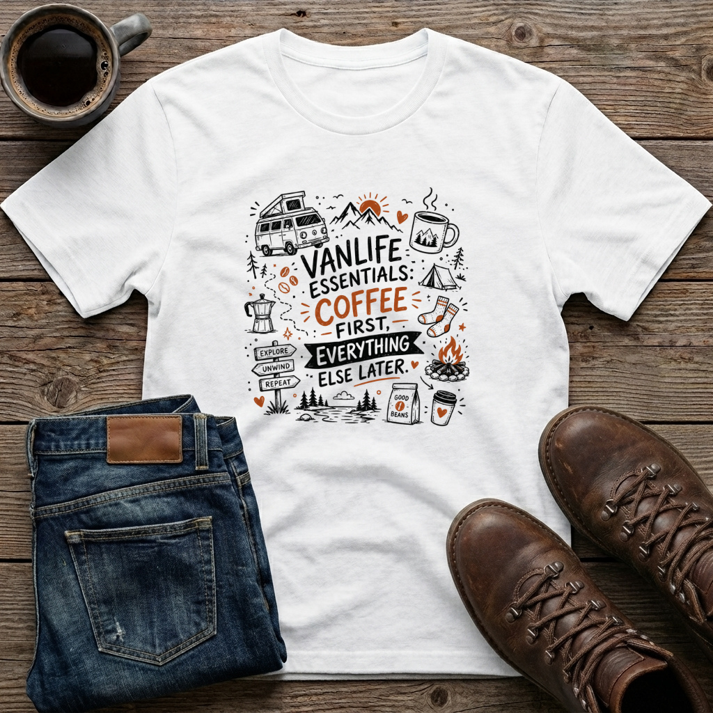 Vanlife Essentials Coffee First Everything Else Later T-Shirt